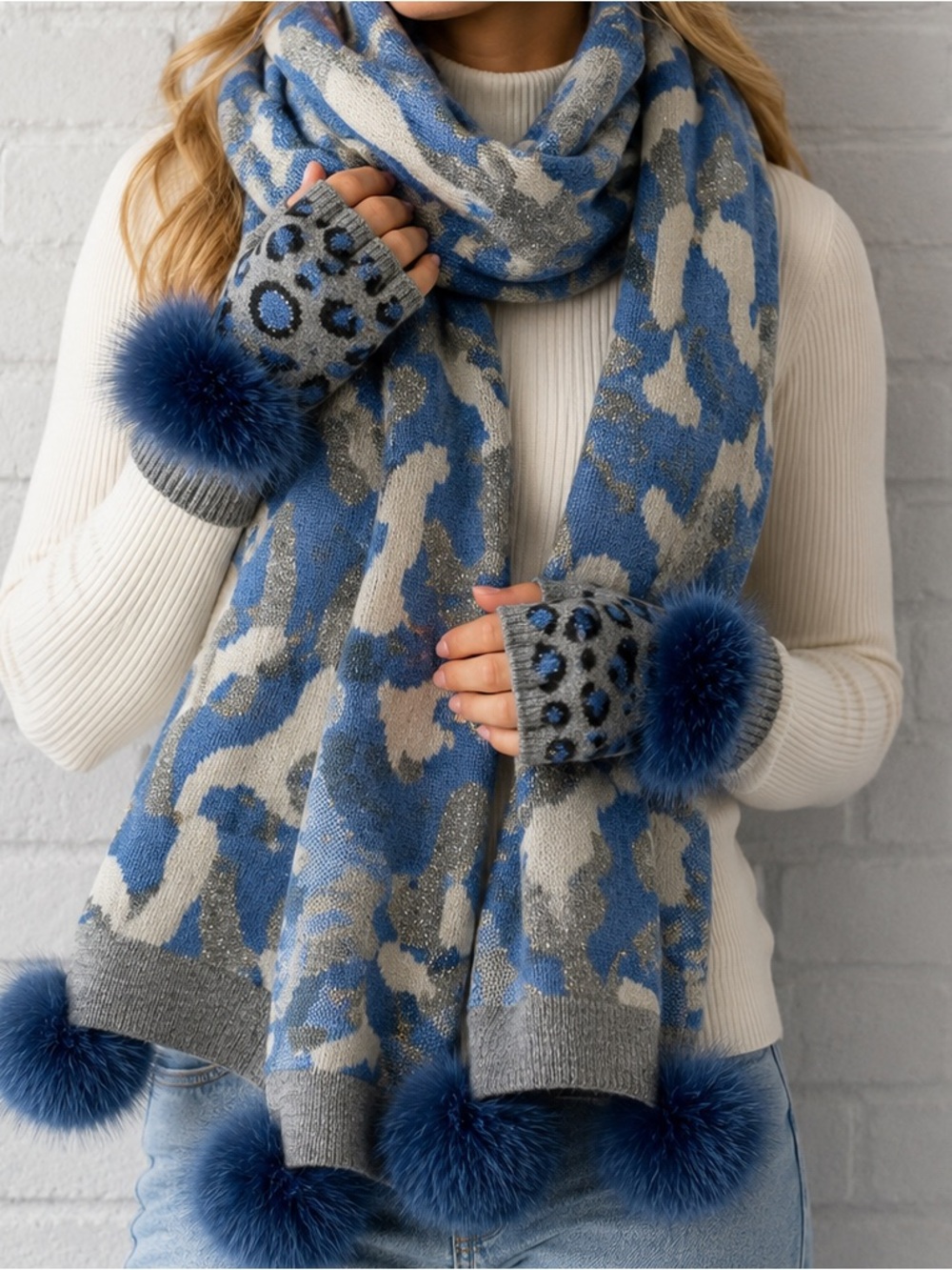 Mitchi Blue Gray Camo Scarf & Fingerless Gloves Fox Fur Pom Set NWT